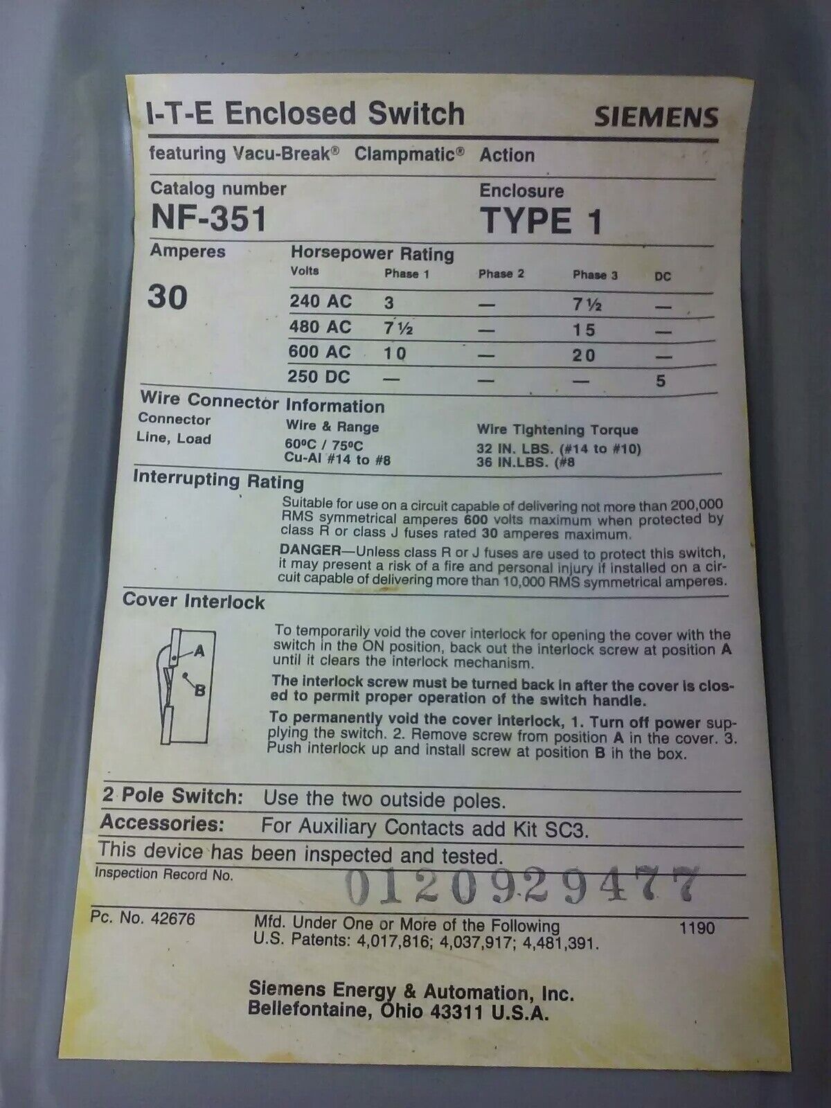 SIEMENS I-T-E NF351 H.D. ENCLOSED SWITCH, 30A, 3PH, 600V, TYPE 1 INDOOR, NEW