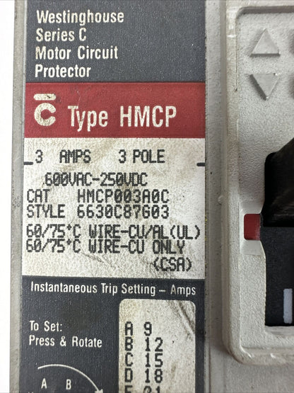 WESTINGHOUSE HMCP003A0C 3A 3P 600VAC 250VDC 6630C87G03 SER C MOTOR CIRCUIT