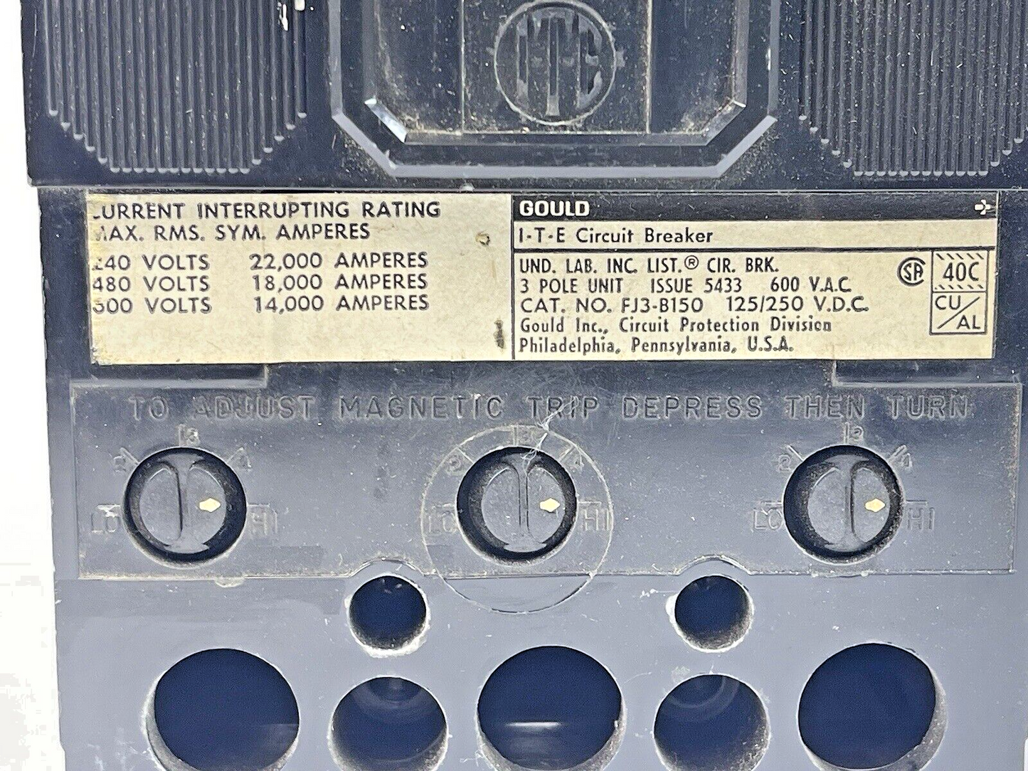 ITE/ GOULD/ SIEMENS - JL3-B150 - CIRCUIT BREAKER - 150 A, 600 VAC, 3 POLE