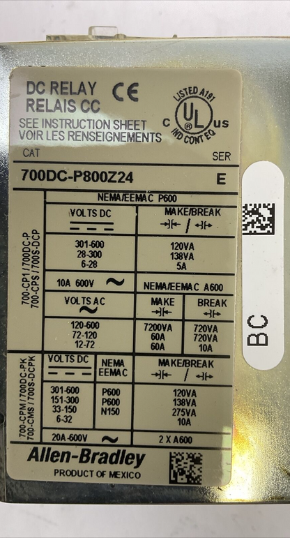 ALLEN BRADLEY 700DC-P800Z24 SER E DC RELAY COIL 24VDC 700-PC40 SER E