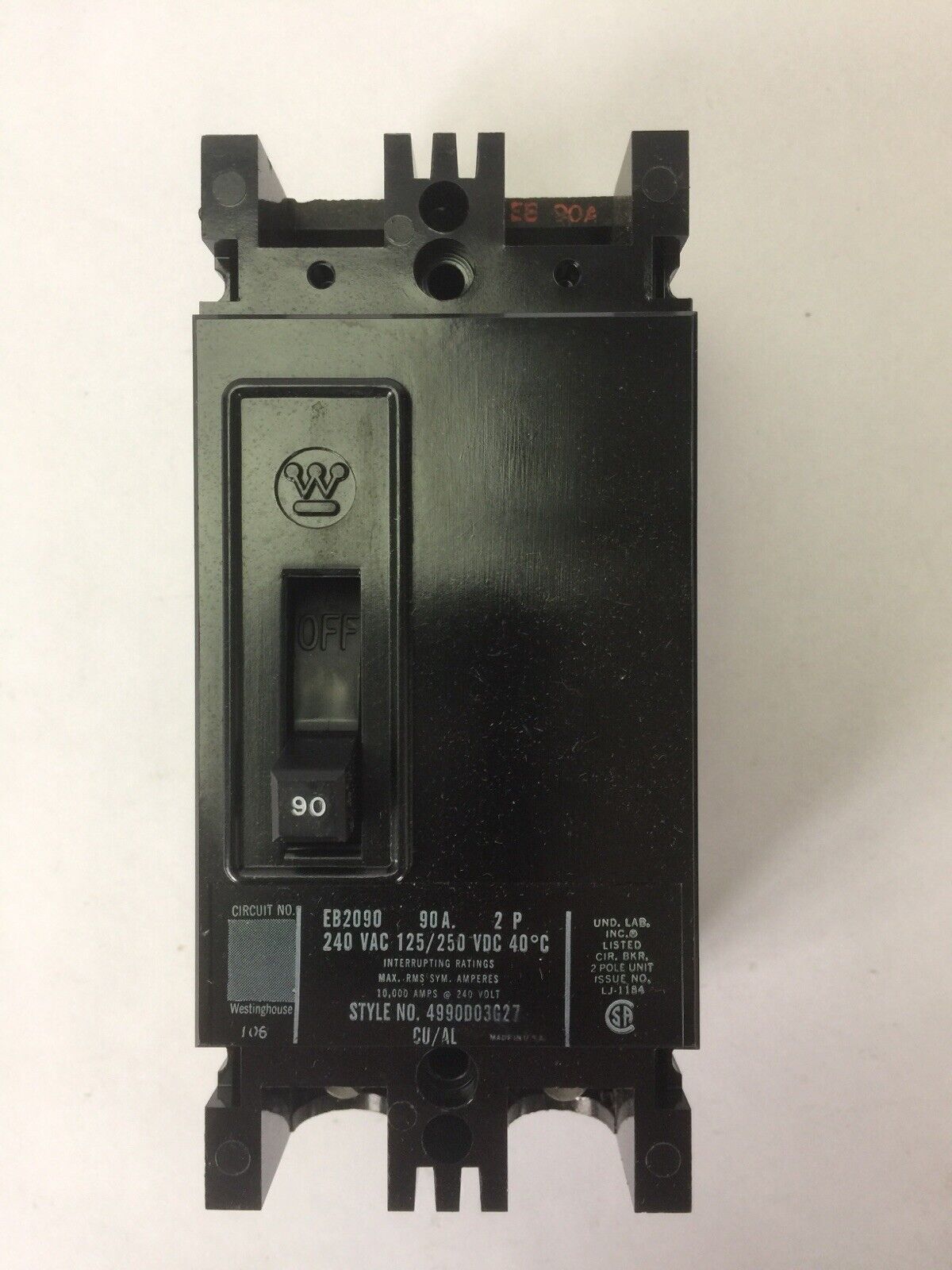 WESTINGHOUSE EB2090 AB DEION CIRCUIT BREAKER 90AMP 240VAC 125/250VDC 2 POLE