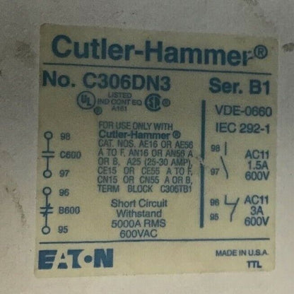 CUTLER HAMMER AE16ENS0 STARTER SER.C1 25A 600V W/C306DN3 SER.B1