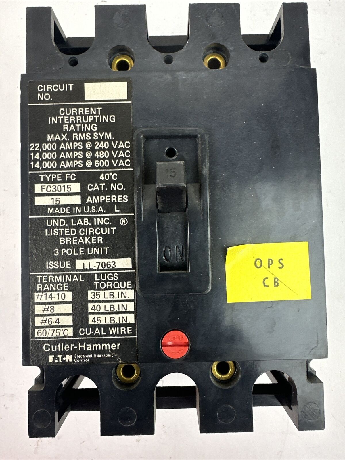 CUTLER HAMMER FC3015 CIRCUIT BREAKER 15AMP 3POLE 240/480/600VAC