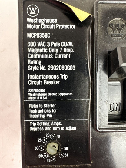 WESTINGHOUSE MCP0358C MOTOR CIRCUIT PROTECTOR 3P 7A 600VAC TRIP RANGE 18-58