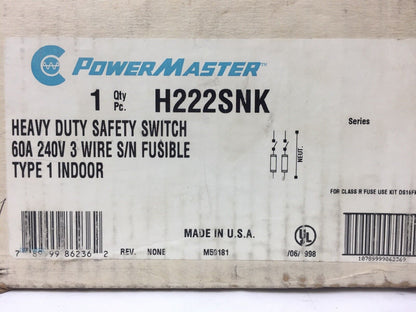 POWER MASTER H222SNK HEAVY DUTY SAFETY SWITCH 60A 240V 3 WIRE S/N FUSIBLE TYPE 1