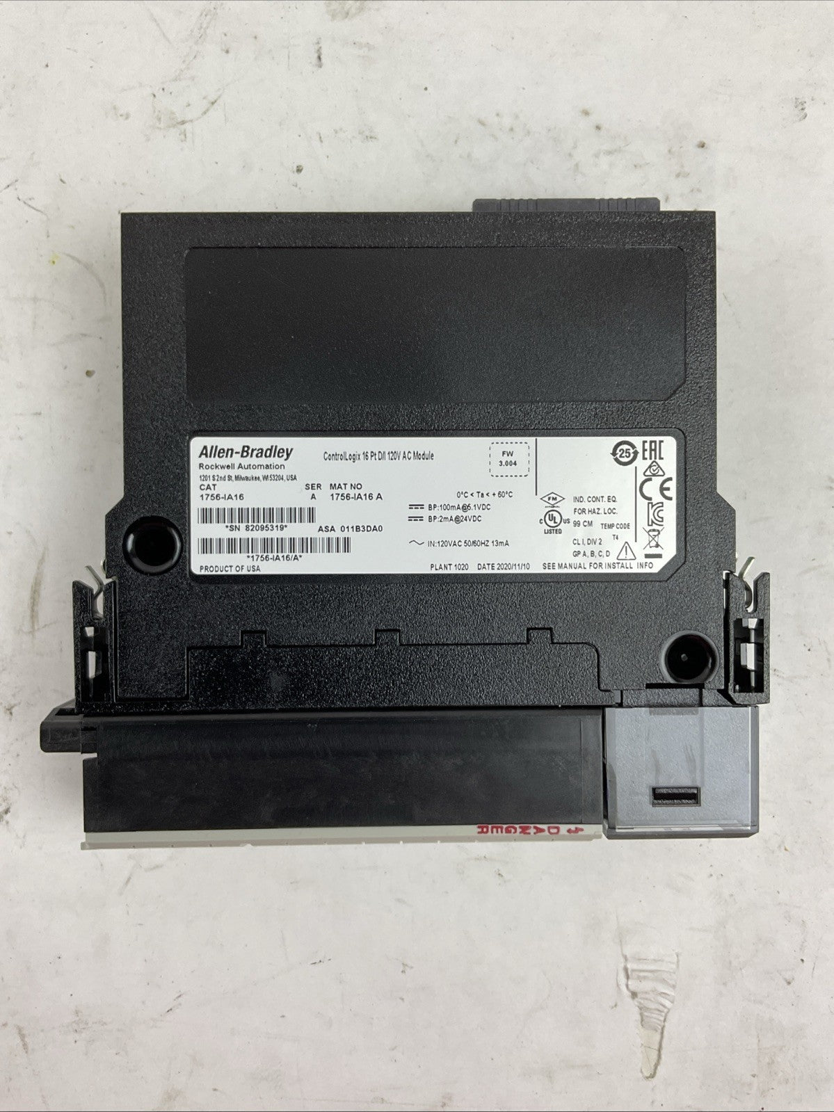 ALLEN BRADLEY 1756-IA16 SER A FW 3.004 CONTROLLOGIX 16PT D/I 120VAC MODULE