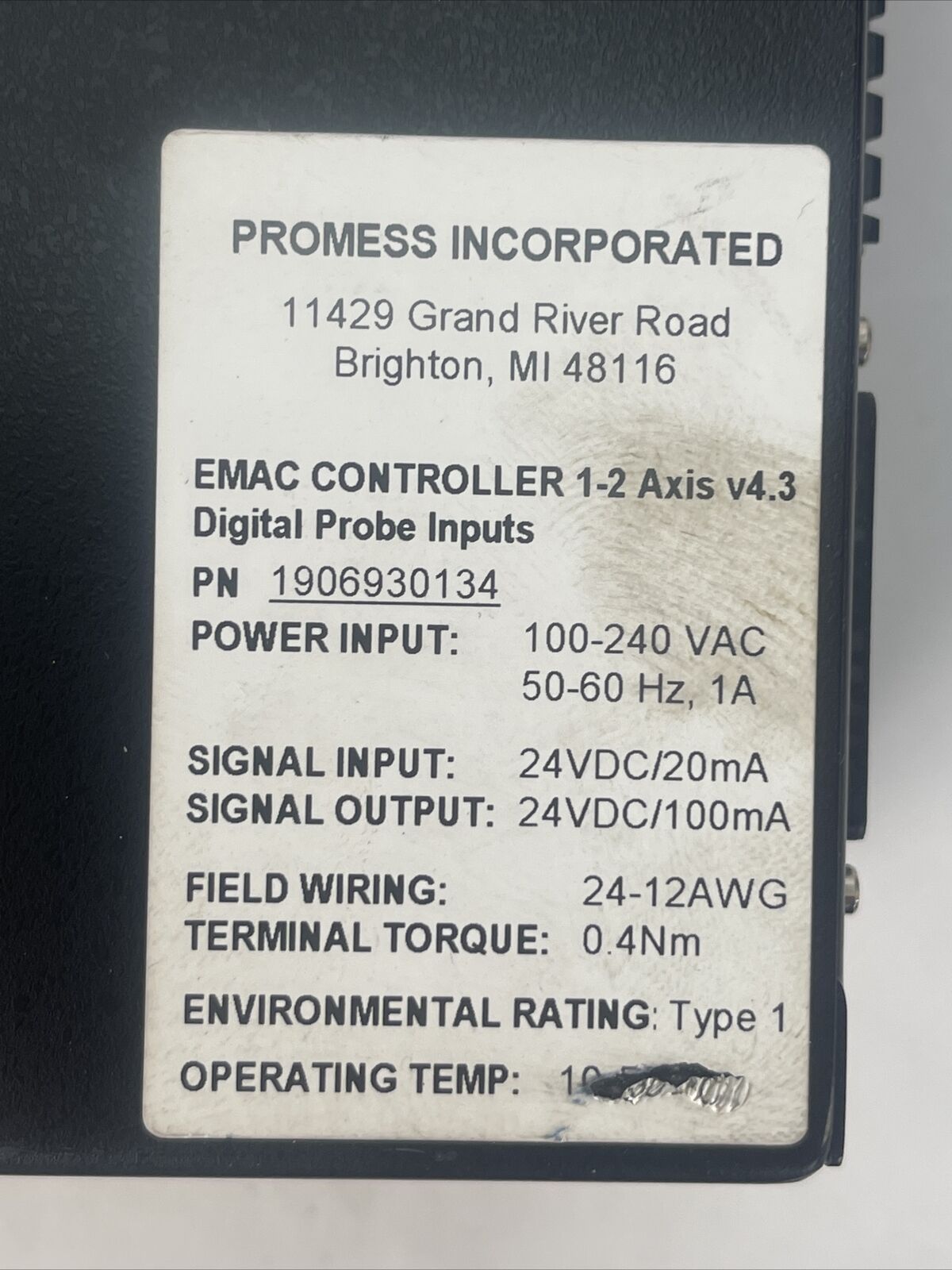 PROMESS 1906930134 EMAC CONTROLLER 1-2 AXIS V4.3 OUTPUT 24VDC INPUT 100-240VAC