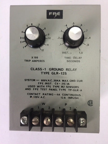 FPE GLR-12S CLASS-1 GROUND RELAY 600VAC 50KA CONTACT RATING 4A CONTINUOUS 120VAC