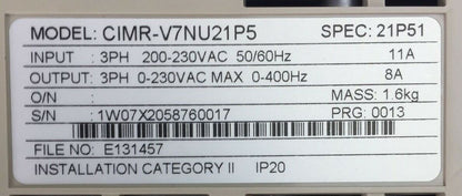 YASKAWA DRIVE CIMR-V7NU21P51 VARISPEED 230VAV 8A CVST31059 BLANK COVER-A