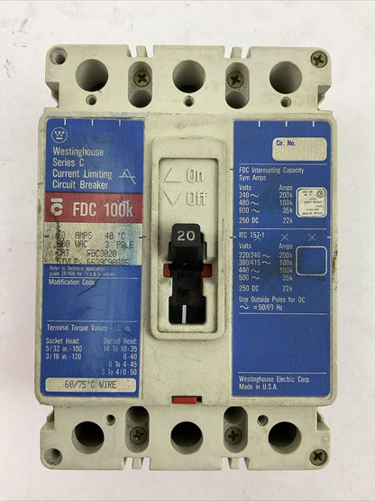 WESTINGHOUSE FDC3020 20AMP 3POLE 600VAC 6639C90G85 SERIES C CIRCUIT BREAKER