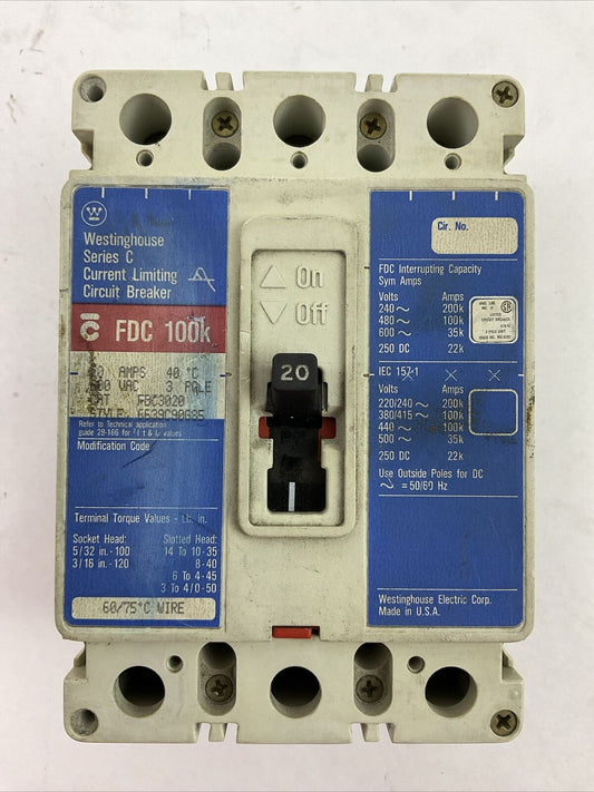 WESTINGHOUSE FDC3020 20AMP 3POLE 600VAC 6639C90G85 SERIES C CIRCUIT BREAKER