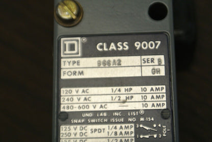 SQUARE D 9007 B66A2 LIMIT SWITCH / SNAP SWITCH / 120-600V / NEW SURPLUS