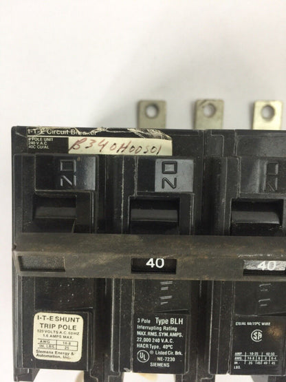 SIEMENS ITE B340H00S01 SHUNT TRIP CIRCUIT BREAKER BOLT ON 3P 40A 240VAC TYPE BLH
