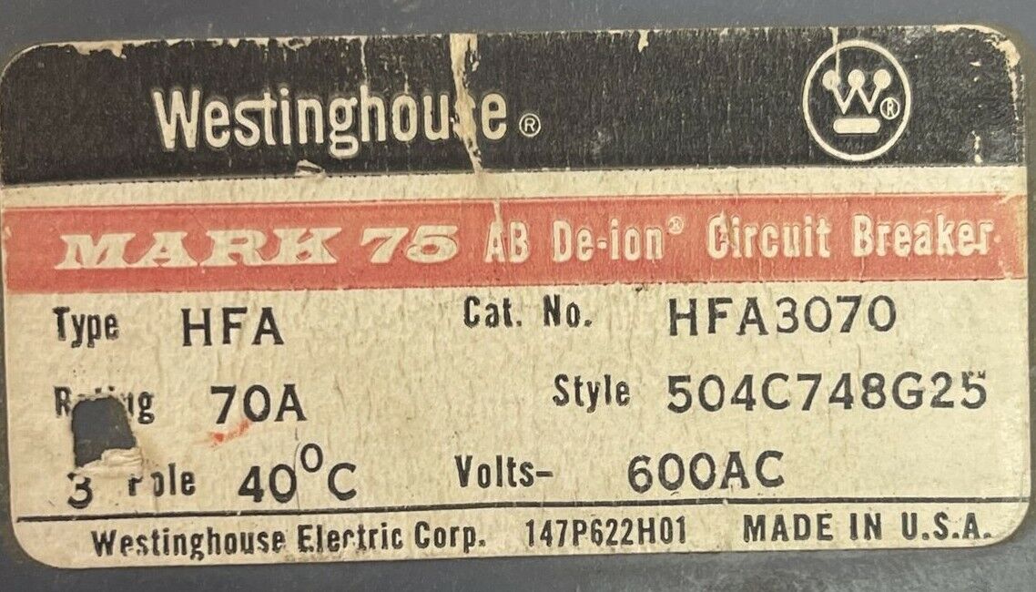 WESTINGHOUSE HFA3070 AB DE-ION CIRCUIT BREAKER 70AMP 600VAC 3POLE 504C748G25