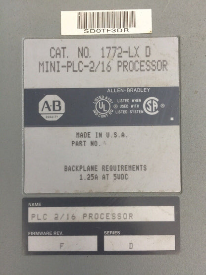 ALLEN BRADLEY 1772-LX D MINI-PLC-2/16 PROCESSOR 1.25A  5VDC SER D FIRMWARE REV F