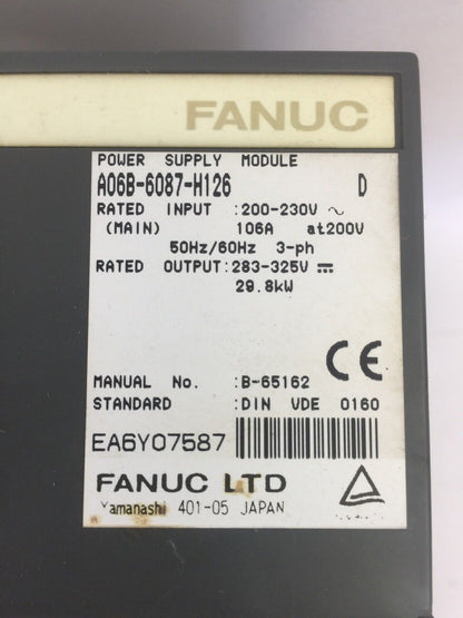 FANUC A06B-6087-H126 POWER SUPPLY INPUT 200-230VAC 106A OUTPUT 283-325VDC 29.8kW