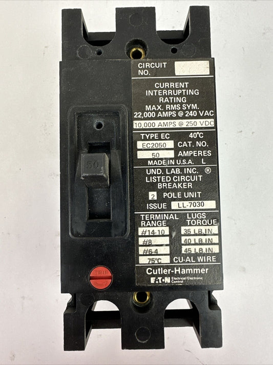 CUTLER HAMMER EC2050 CIRCUIT BREAKER 50AMP 240VAC 250VDC 2POLE