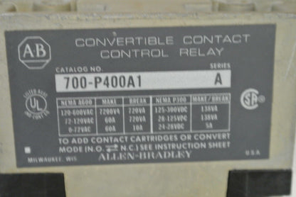 ALLEN-BRADLEY 700-P400A1 Ser. A - AC CONVERTIBLE CONTACT CONTROL RELAY /