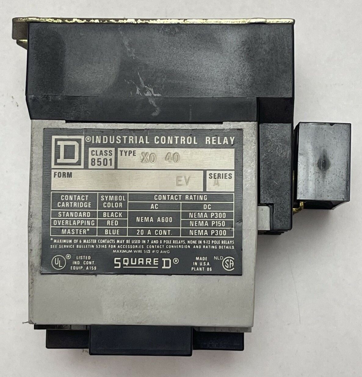 SQUARE D CLASS 8501 TYPE X0 40 INDUSTRIAL CONTROL RELAY FORM EV SERIES A
