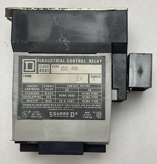 SQUARE D CLASS 8501 TYPE X0 40 INDUSTRIAL CONTROL RELAY FORM EV SERIES A
