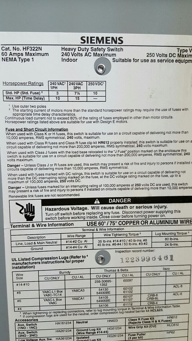 SIEMENS HF322N HEAVY DUTY SAFETY DISCONNECT SWITCH, 60 Amp