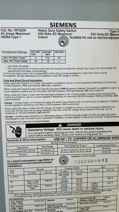 SIEMENS HF322N HEAVY DUTY SAFETY DISCONNECT SWITCH, 60 Amp