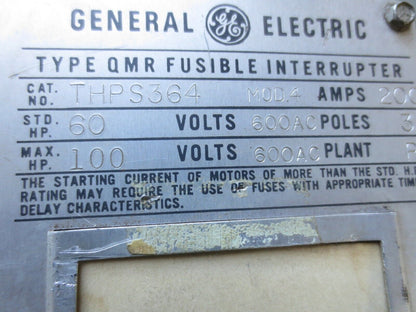 GE THPS364 FUSIBLE INTERRUPTER - 200A, 600VAC, 3-POLE - 60HP, 100HP MAX