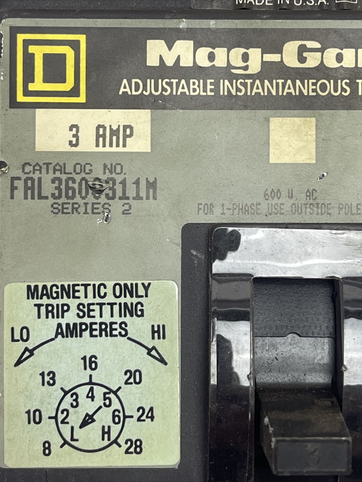 SQUARE D FAL3600311M ADJ. INST. TRIP CIRCUIT BREAKER 600VAC 3P 3AMP SER 2 8-28A