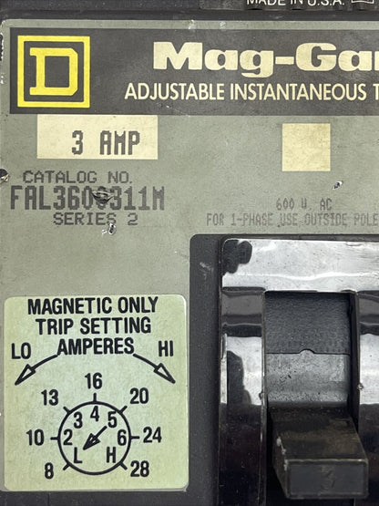 SQUARE D FAL3600311M ADJ. INST. TRIP CIRCUIT BREAKER 600VAC 3P 3AMP SER 2 8-28A