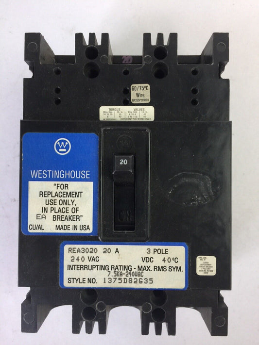 WESTINGHOUSE REA3020 CIRCUIT BREAKER 20AMP 3POLE 240VAC 1375D82G35