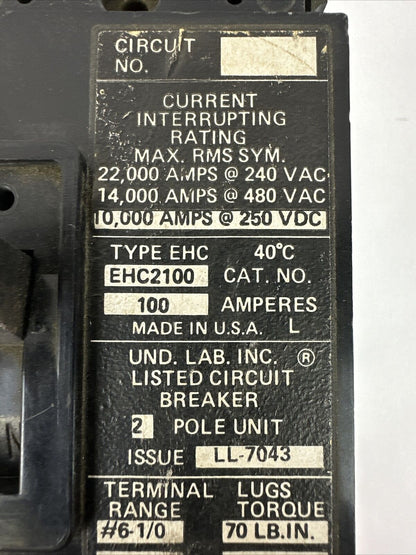 CUTLER HAMMER EHC2100 CIRCUIT BREAKER 100AMP 240/480VAC 250VDC 2POLE