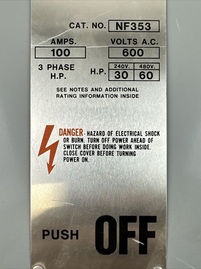 GOULD ITE NF353 VACU-BREAK SWITCH W/CLAMPMATICS CONTACTS 600VAC 100AMP 75HP 3PH