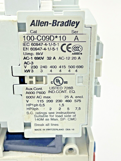 ALLEN-BRADLEY 100-C09D*10 SER. A CONTACTOR W 24VDC COIL & 193-EEDB SER. A RELAY