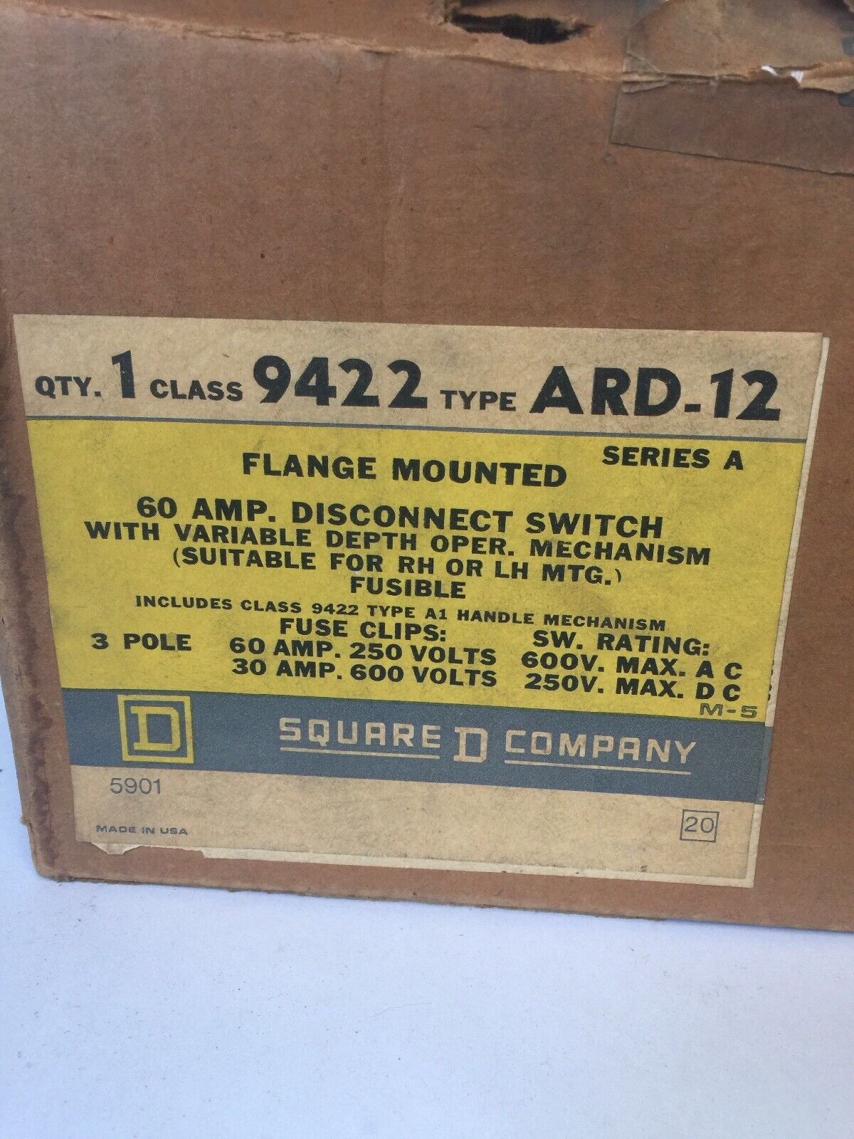 SQUARE D 9422 ARD-12 FLAGE MOUNT 60AMPS DISCONNECT SWITCH 600VAC 250VDC 3 POLES