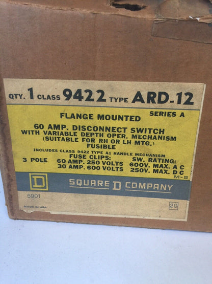 SQUARE D 9422 ARD-12 FLAGE MOUNT 60AMPS DISCONNECT SWITCH 600VAC 250VDC 3 POLES
