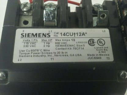 SIEMENS 14CU+12A STARTER SIZE 0 3PH 600V 18A 2HP 120V COIL 14CU12A W/ 48ATD1S00