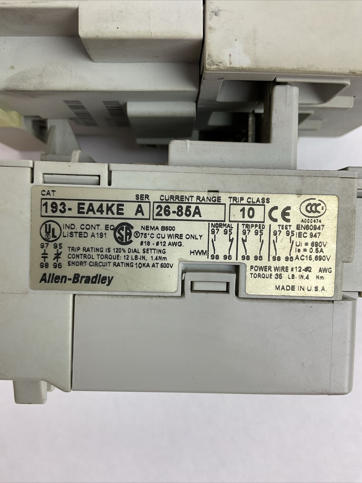 ALLEN BRADLEY STARTER (100-C85D*00 SER A CONTACTOR COIL 24VDC + 193-EA4KE RELAY)