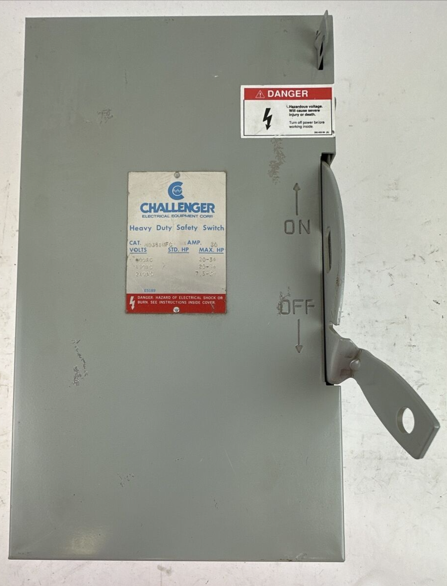 CHALLENGER HD361NFC HD SAFETY SWITCH 600VAC 30AMP 20HP 3 POLE NON-FUSIBLE TYPE 1
