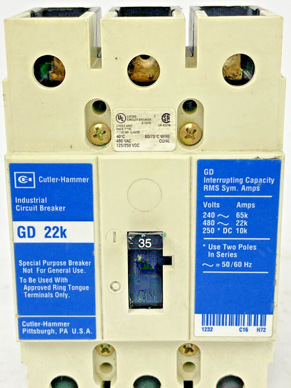 CUTLER-HAMMER - GD3035 - INDUSTRIAL CIRCUIT BREAKER - 3 POLE, 35 AMP, 480 V