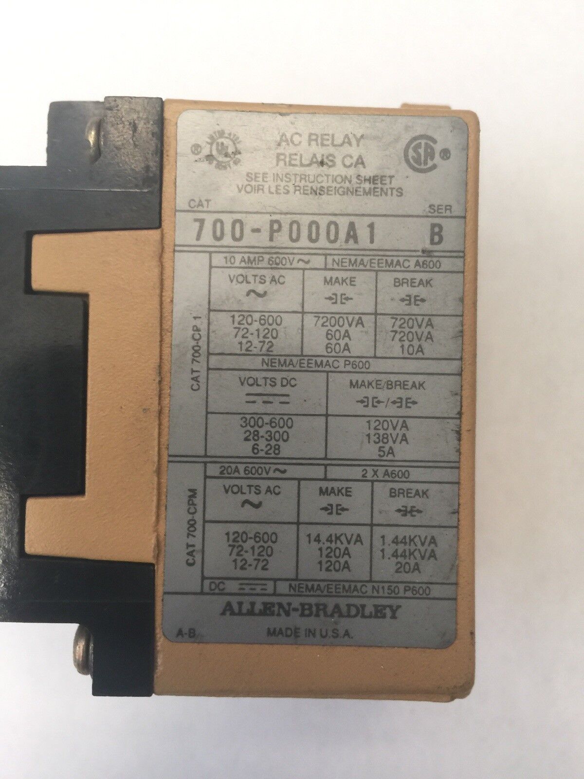 ALLEN BRADLEY 700-P000A1 CONTROL RELAY TYPE P 115-120V 60HZ 110V 50HZ SERIES B