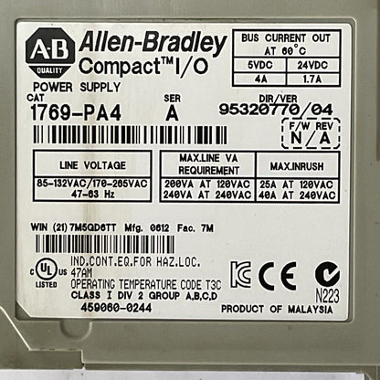 ALLEN BRADLEY 1769-PA4 COMPACT I/O POWER  SUPPLY F/W REV N/A DIR/VER 95320770/04
