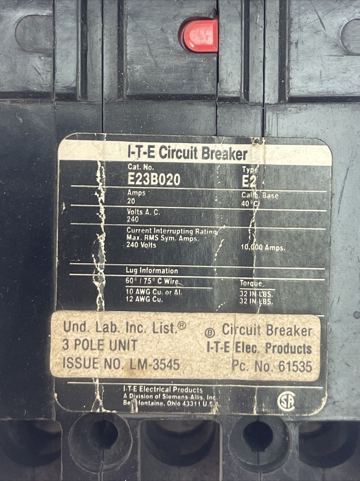 ITE E23B020 CIRCUIT BREAKER 20AMP 240VAC 3POLE