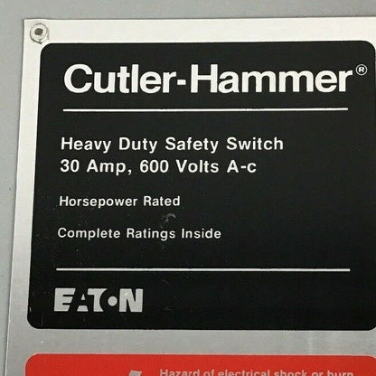 CUTLER HAMMER DH661FDK HEAVY DUTY 30AMP 600V 6POLE FUSIBLE DUSTTIGHT TYPE 12