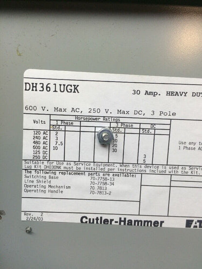 CUTLER HAMMER DH361UGK 30HP NON-FUSIBLE 30A 600V-AC 3P DISCONNECT SWITCH