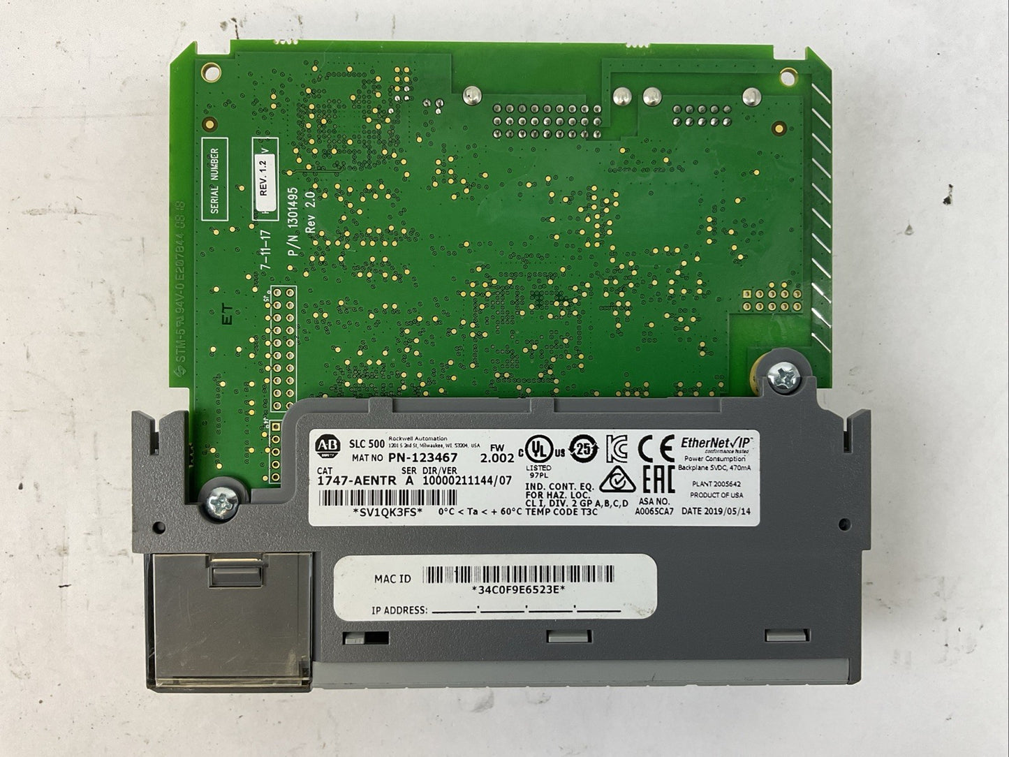 ALLEN BRADLEY 1747-AENTR SER A FW 2.002 ETHERNET/IP MODULE DIR/VER 10000211144/