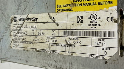 ALLEN BRADELY 2098-DSD-HV150-SE SERVO DRIVE SER.B  3PH FIRM. V1.53 ***PARTS***