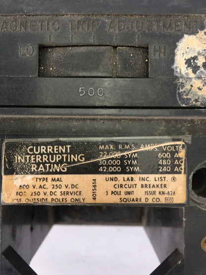 SQUARE D MAL36500 CIRCUIT BREAKER 500A 600VAC 250VDC 3 POLE MAGNETIC TRIP ADJ