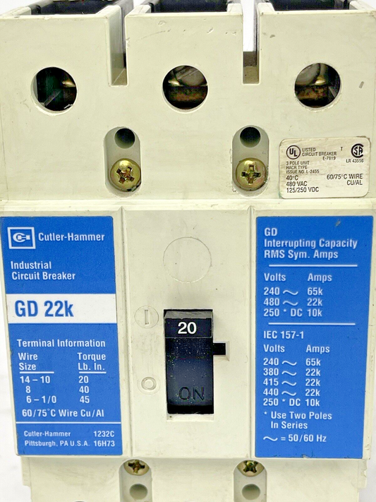 CUTLER-HAMMER - GD3020 - INDUSTRIAL CIRCUIT BREAKER - 3 POLE, 20 AMP, 480 V