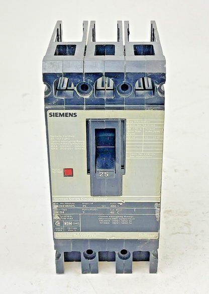 SIEMENS - HED43B025 - CIRCUIT BREAKER - 25 A, 480 VAC, 3 POLE, TYPE HED4