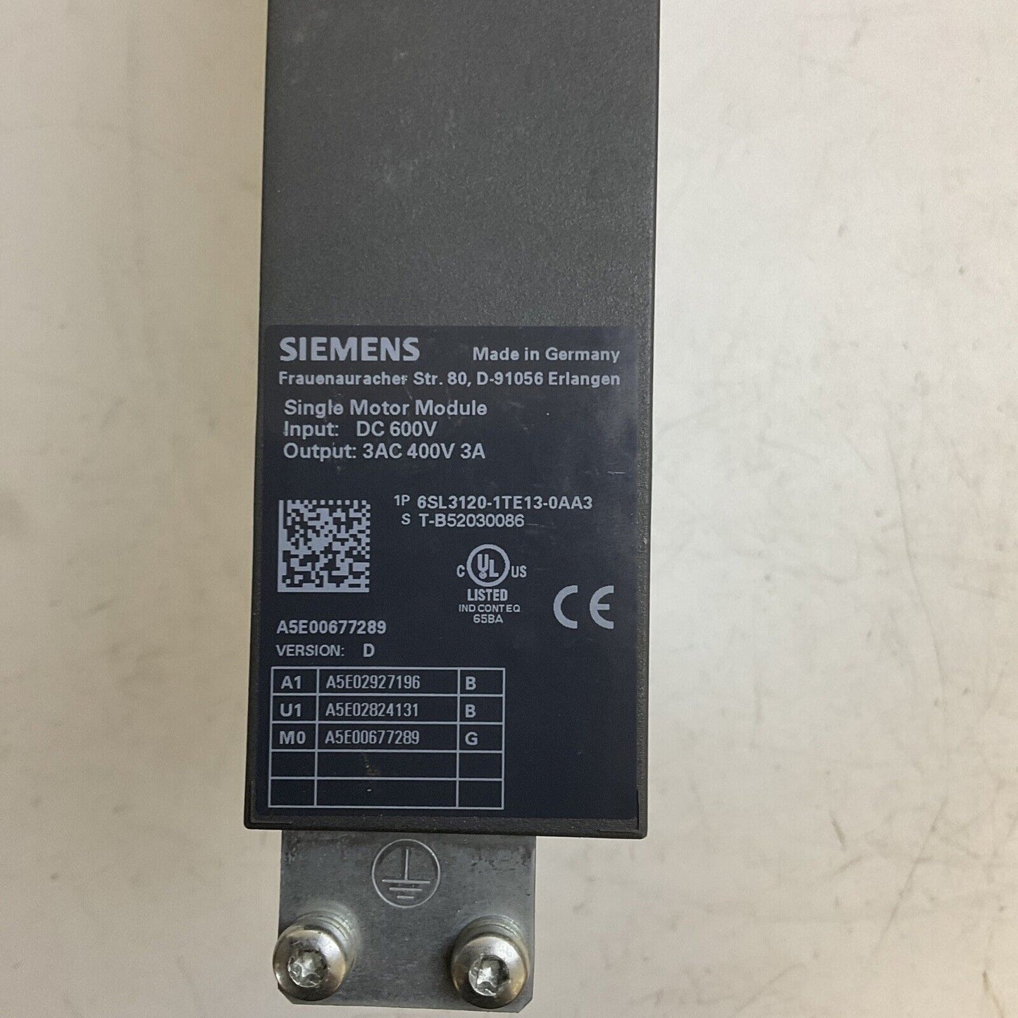 SIEMENS 6SL3120-1TE13-0AA3 SINGLE MOTOR DRIVE 600VDC 3A VER.D